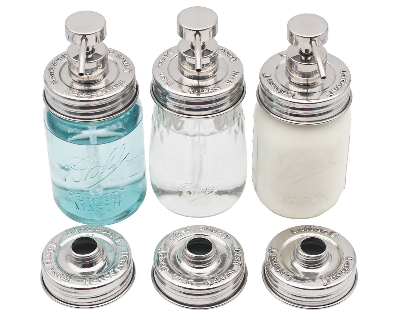 Set of three Mason Jar Lifestyle embossed shiny dispenser pumps for hand soap, dish soap, and lotion on regular mouth mason jars.