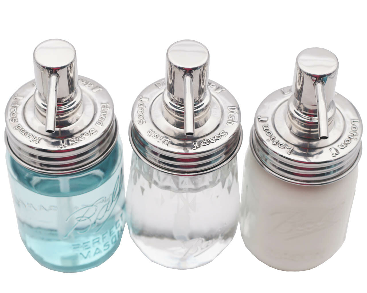 Set of three Mason Jar Lifestyle embossed shiny dispenser pumps for hand soap, dish soap, and lotion in regular mouth mason jars.