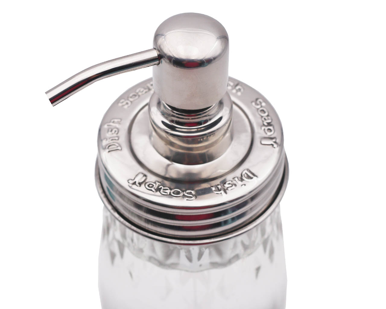 Set of three shiny embossed Mason Jar Lifestyle dispenser pumps for hand soap, dish soap, and lotion in regular mouth Mason jars.