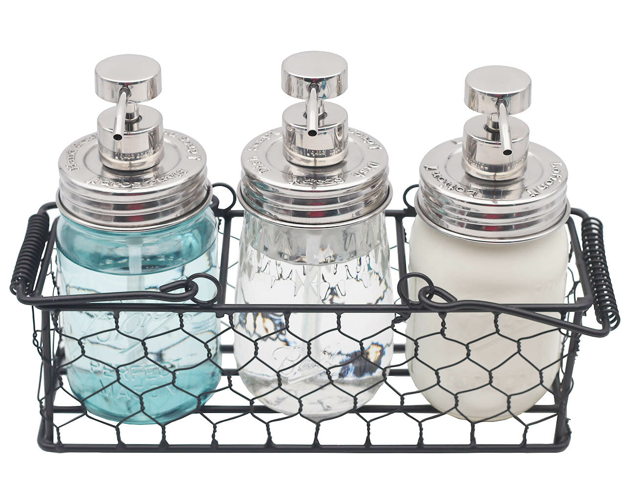 Set of three shiny embossed Mason Jar Lifestyle dispenser pumps for hand soap, dish soap, and lotion on regular mouth Mason jars.