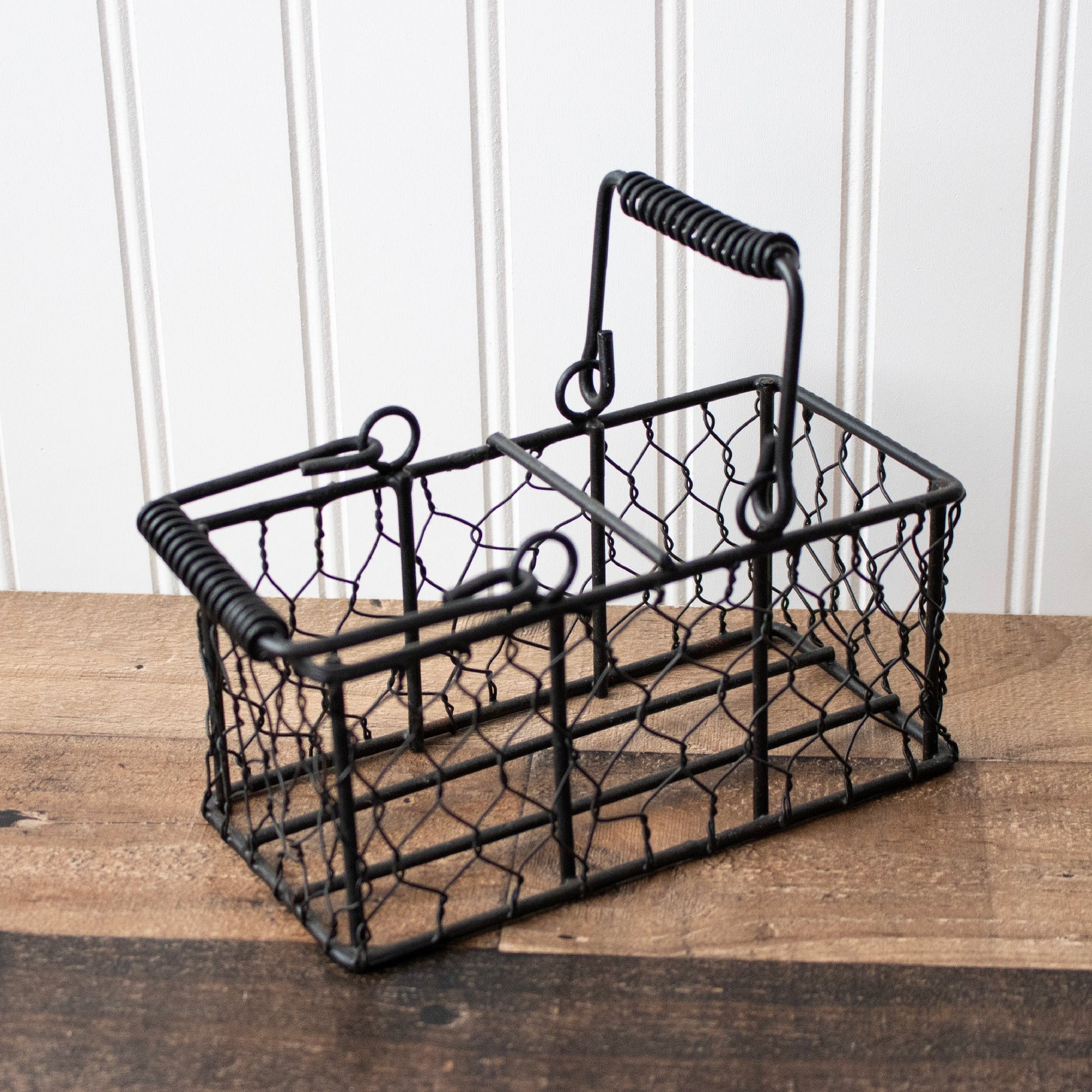 Chicken wire caddy holding two 8oz Mason jars, perfect for organizing or serving, made by Mason Jar Lifestyle.