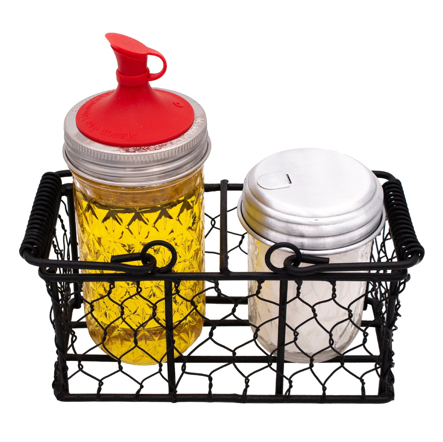 Chicken wire caddy holding two 8oz Mason jars, designed for half-pint Mason jars, by Mason Jar Lifestyle.