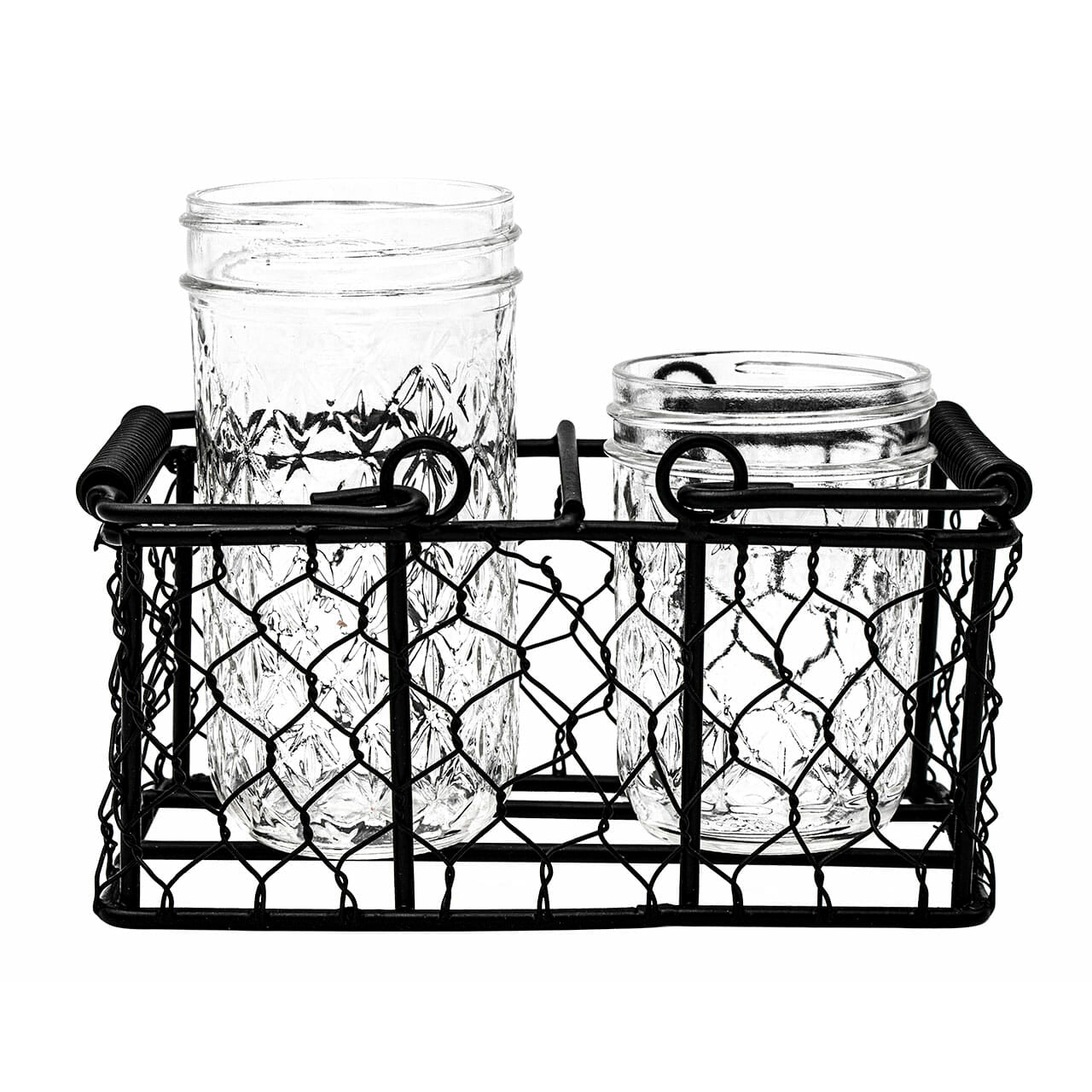 Chicken wire caddy holding two half-pint 8oz Mason jars from Mason Jar Lifestyle, with a rustic wire handle and decorative design.