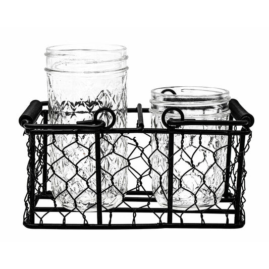 Chicken wire caddy holding two half-pint 8oz Mason jars from Mason Jar Lifestyle, with a rustic wire handle and decorative design.