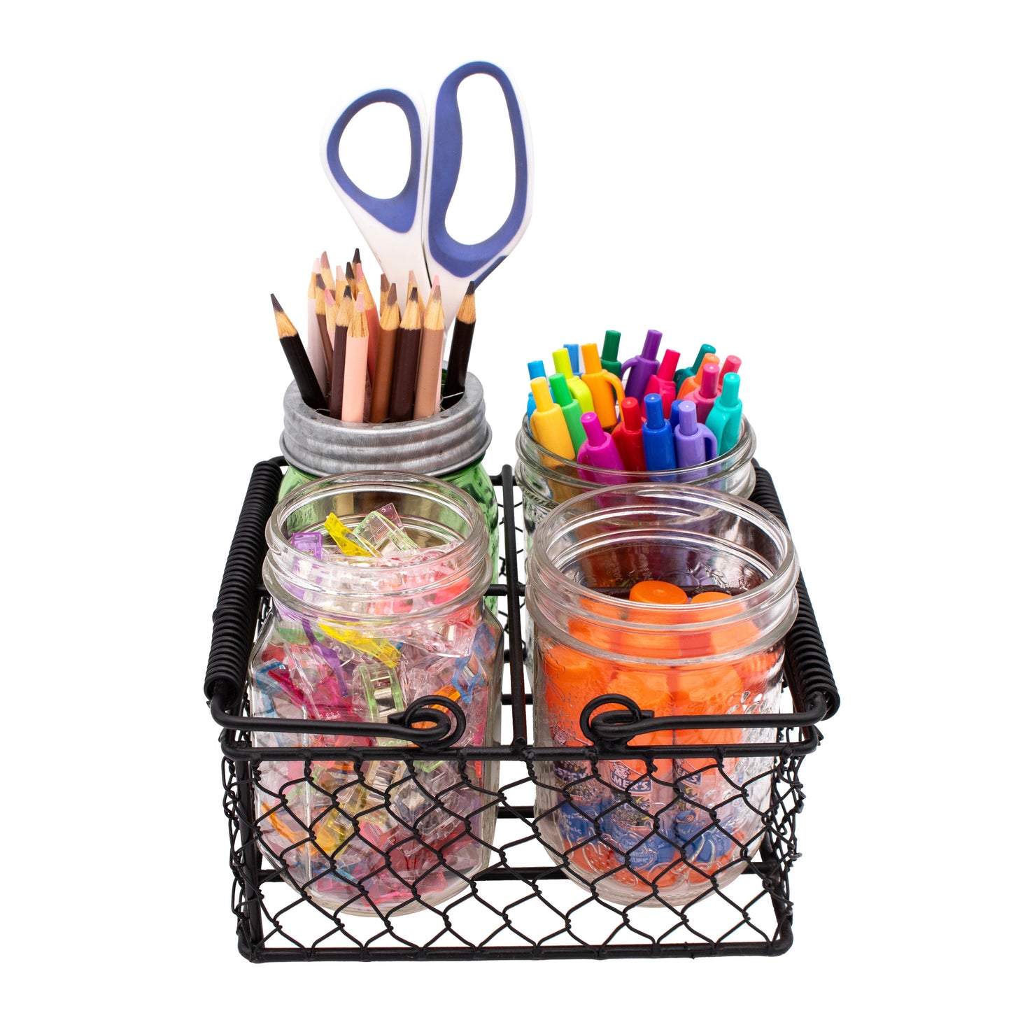 Chicken wire caddy from Mason Jar Lifestyle holding four pint mason jars, ideal for organizing or decorative use.