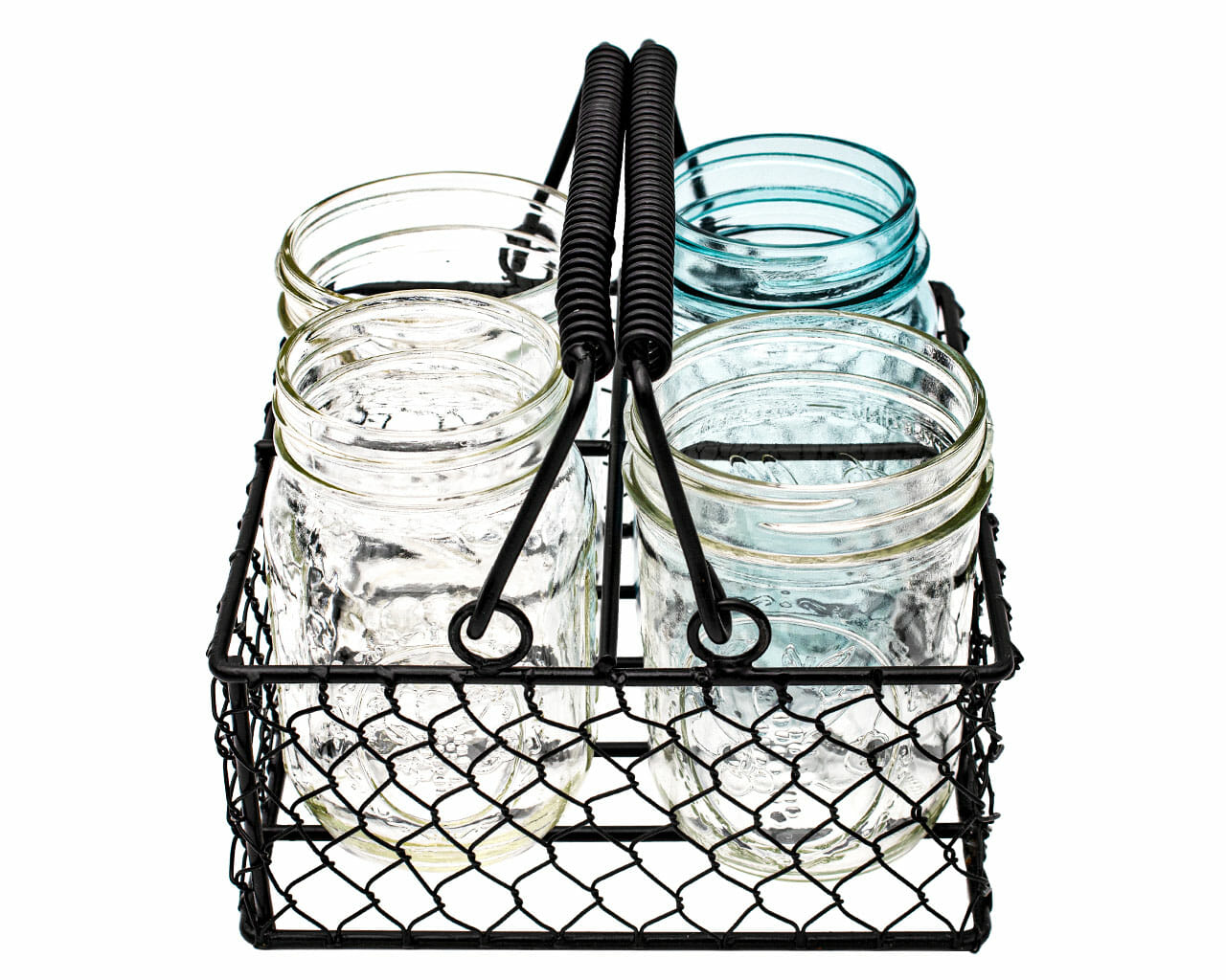 Chicken wire caddy for 4 pint Mason jars by Mason Jar Lifestyle, shown holding four glass mason jars in a rustic style.