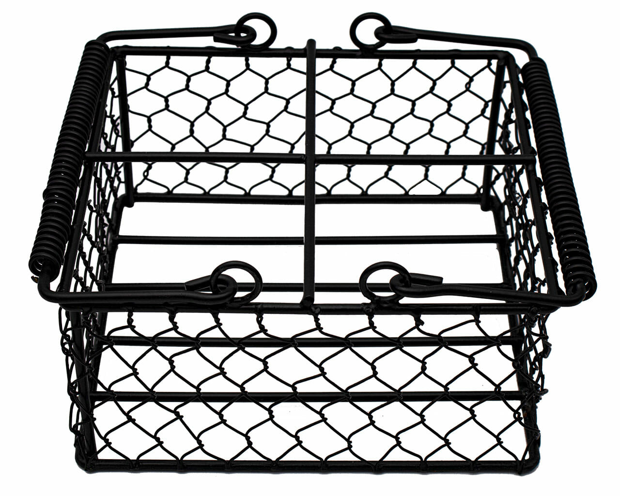Chicken wire caddy holding four pint Mason jars, designed for easy carrying and decorative storage by Mason Jar Lifestyle.