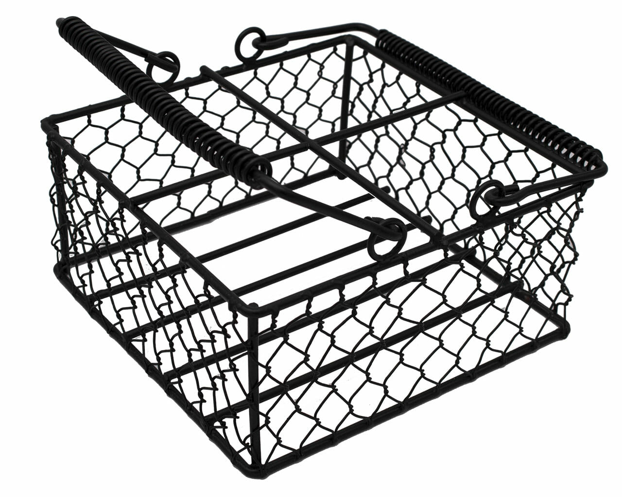 Chicken wire caddy holding four pint Mason jars, ideal for storage or display, by Mason Jar Lifestyle.