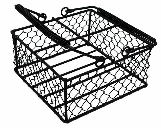 Chicken wire caddy holding four pint Mason jars, ideal for storage or display, by Mason Jar Lifestyle.
