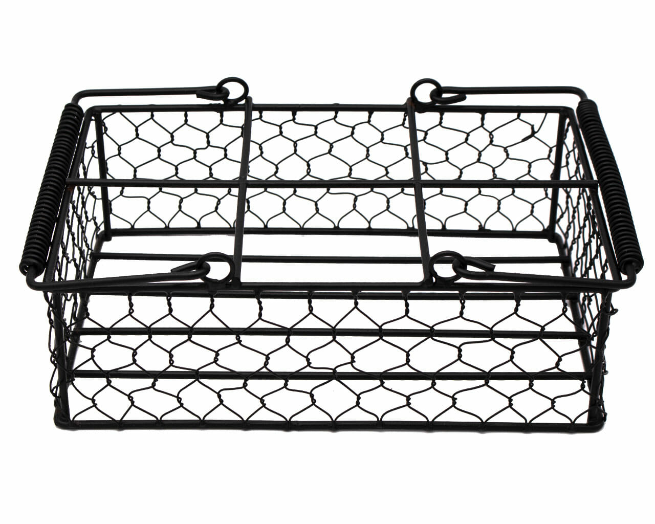 Rustic chicken wire caddy holding six pint Mason jars, perfect for organizing or decorative display by Mason Jar Lifestyle.
