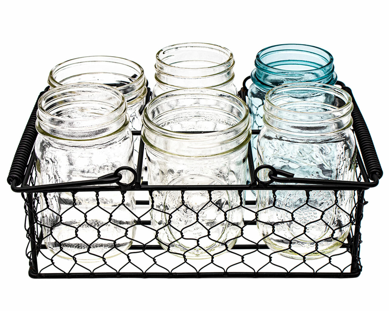 Chicken wire caddy holding six pint Mason jars from Mason Jar Lifestyle, ideal for storage or decorative use.