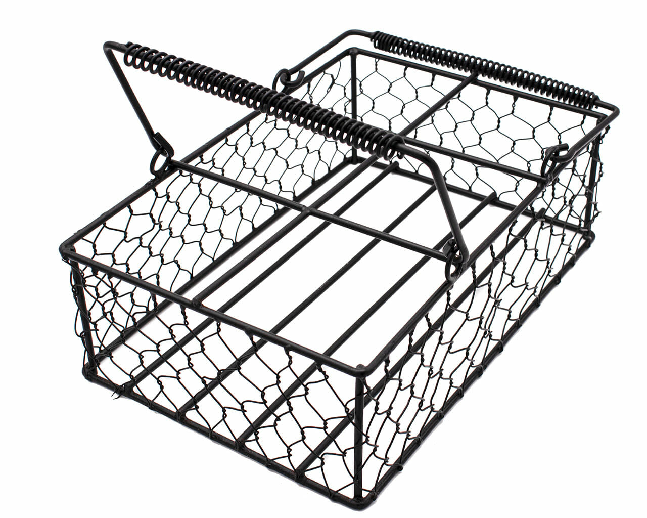 Chicken wire caddy holding six pint Mason Jars, designed for Mason Jar Lifestyle, with rustic wire handles and vintage style.