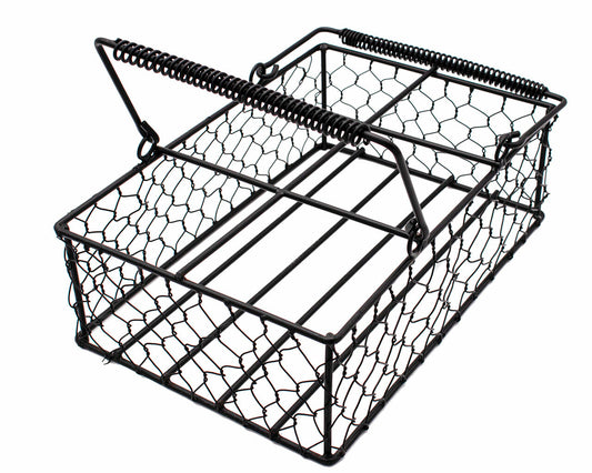 Chicken wire caddy holding six pint Mason Jars, designed for Mason Jar Lifestyle, with rustic wire handles and vintage style.