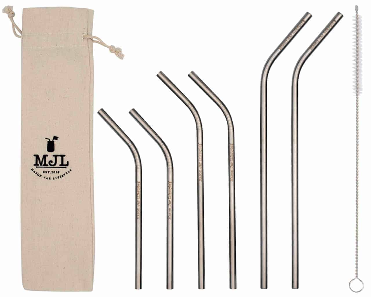 Six stainless steel bent straws for mason jars, part of Mason Jar Lifestyle's combo 6 pack, displayed in a clear image.