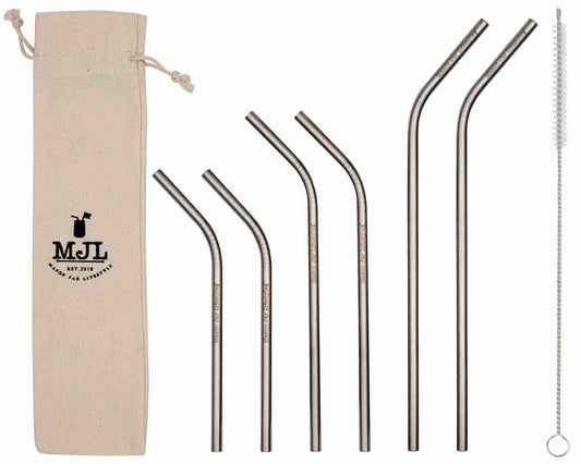 Six stainless steel bent straws for mason jars, part of Mason Jar Lifestyle's combo 6 pack, displayed in a clear image.