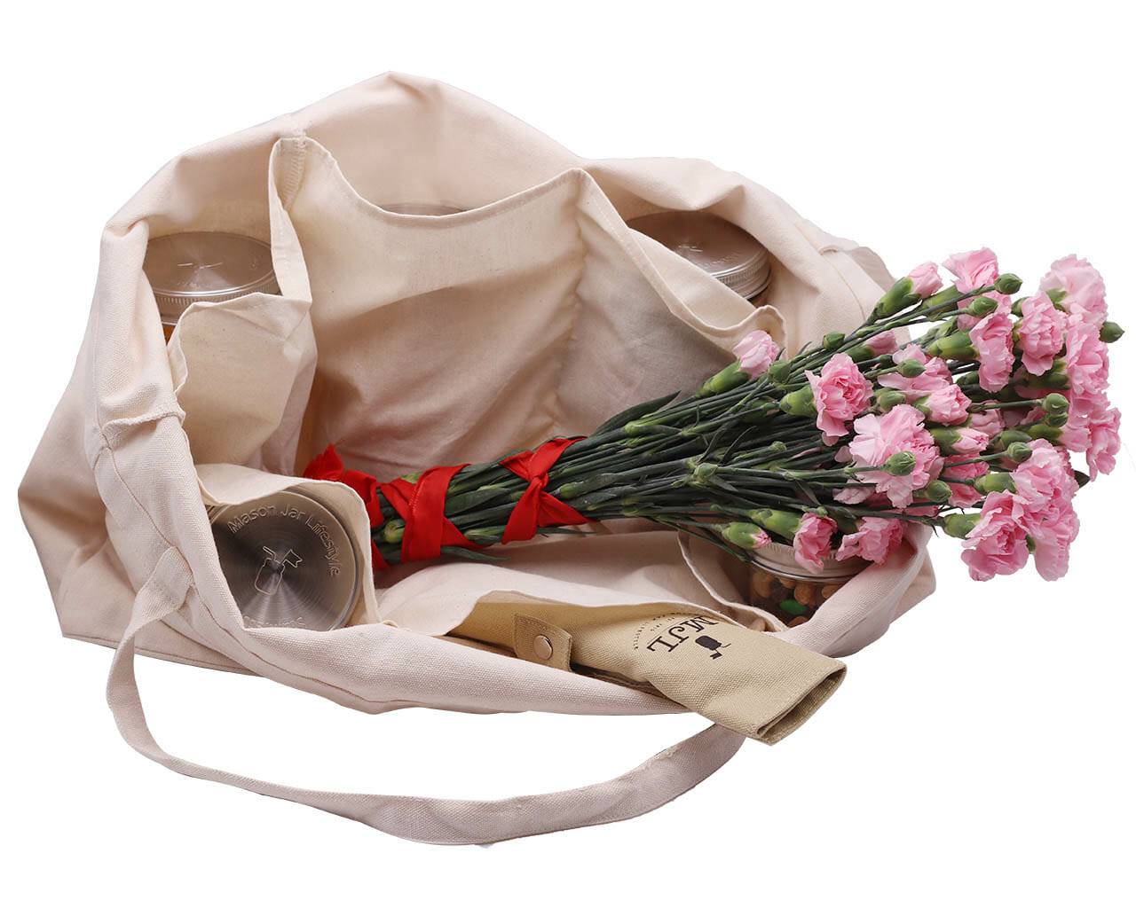 Mason Jar Lifestyle tote bag with six divided compartments for organized storage, made of durable fabric with mason jar design.