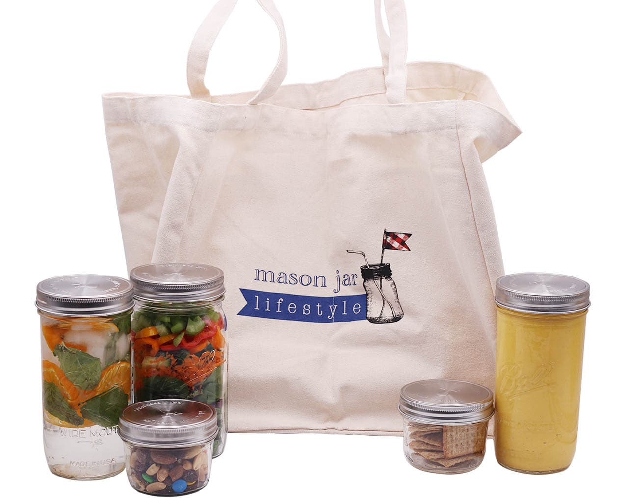 Mason Jar Lifestyle market tote bag with six divided compartments, made of durable material for shopping and storage.