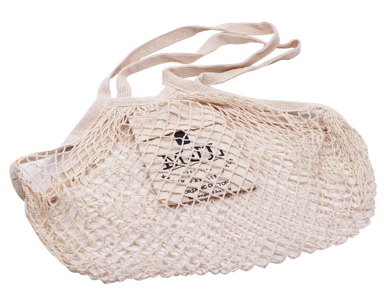 Organic cotton string tote bag with front pocket from Mason Jar Lifestyle, showcasing its natural woven texture and practical design.