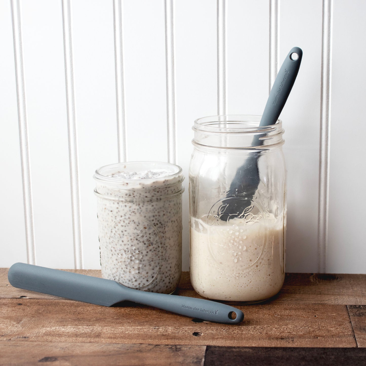 Silicone jar scraper by Mason Jar Lifestyle, flexible tool with a rounded edge ideal for cleaning and scooping food from jars.