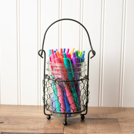 Single pint jar caddy with chicken wire from Mason Jar Lifestyle, designed for hanging or carrying one Mason jar.