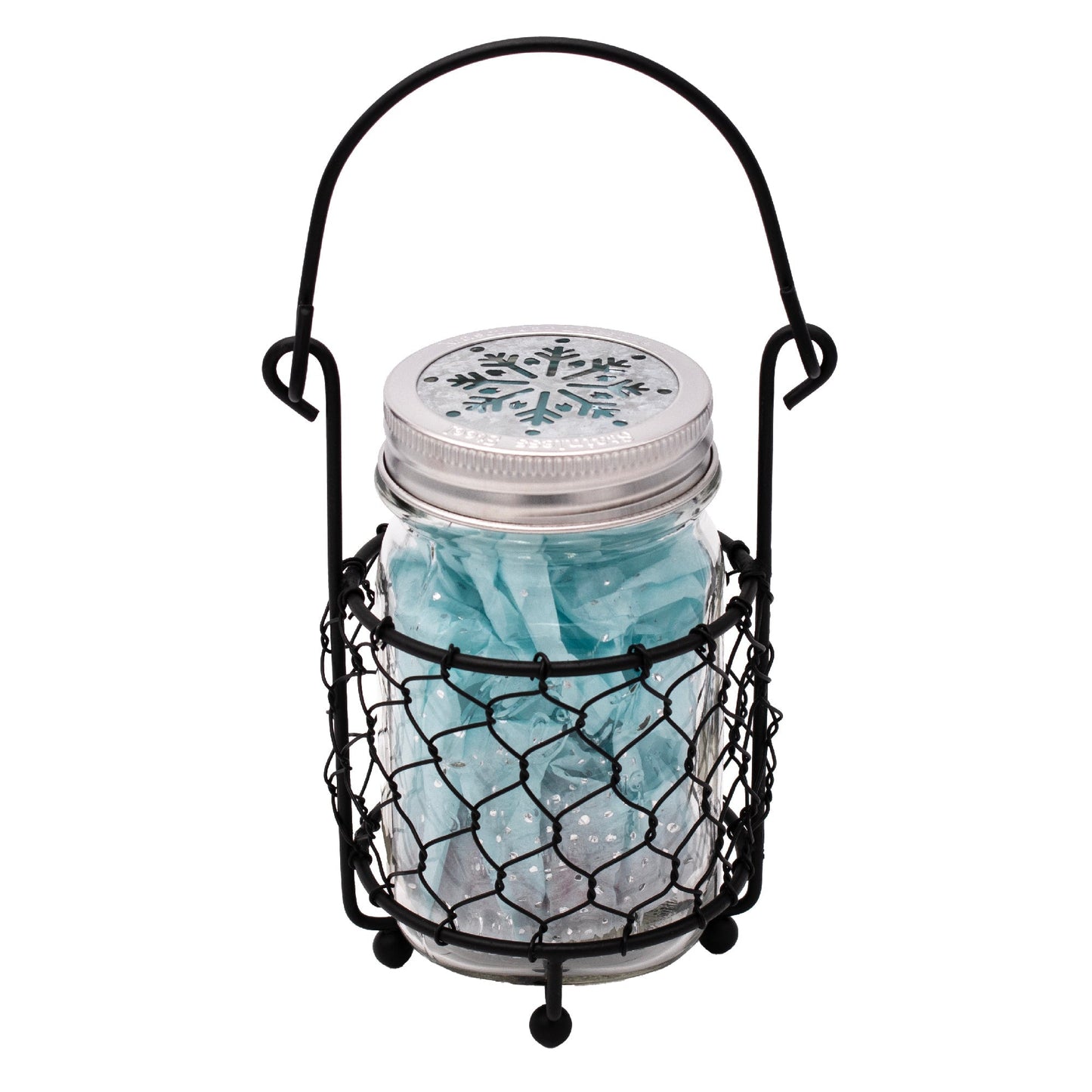 Mason Jar Lifestyle single pint jar caddy with chicken wire for hanging or carrying a mason jar, ideal for rustic decor or storage.