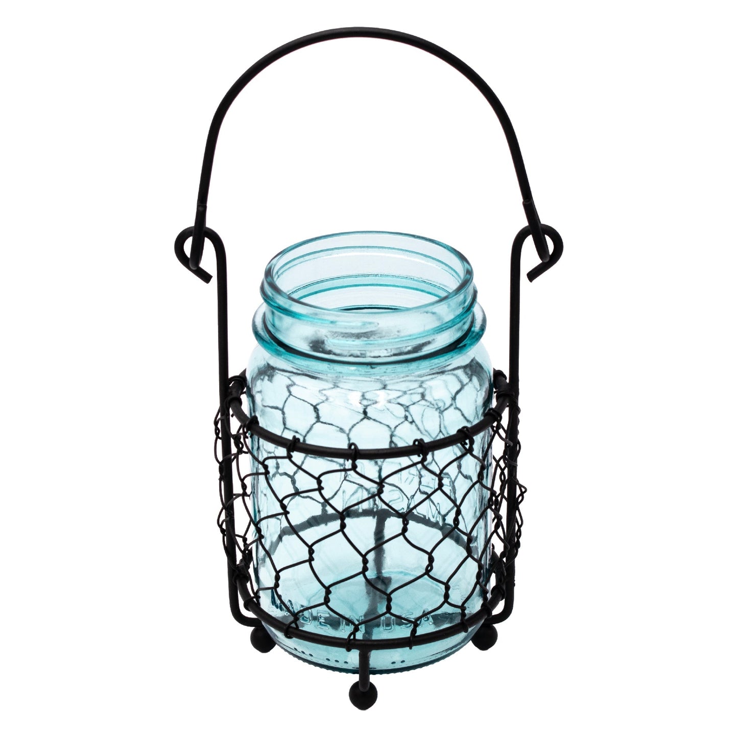 Mason Jar Lifestyle single pint jar caddy with chicken wire for hanging or carrying a mason jar, ideal for rustic decor or storage.