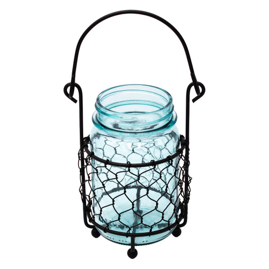 Mason Jar Lifestyle single pint jar caddy with chicken wire for hanging or carrying a mason jar, ideal for rustic decor or storage.