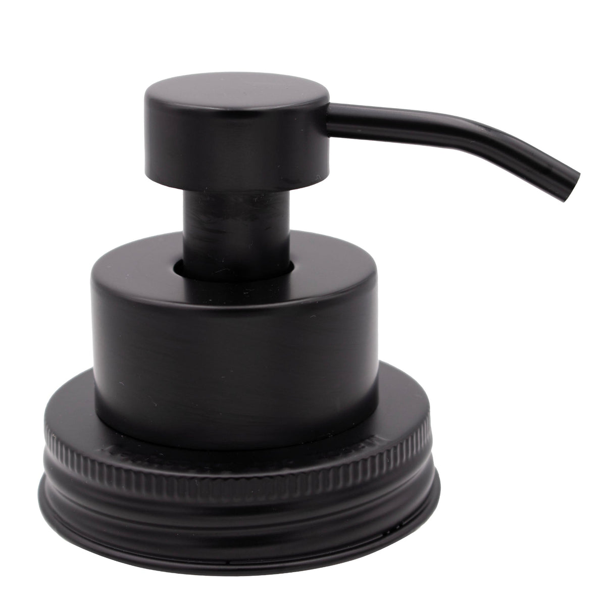 Matte black foaming soap pump dispenser for mason jars with regular mouth threaded lid, assembled on a white background.