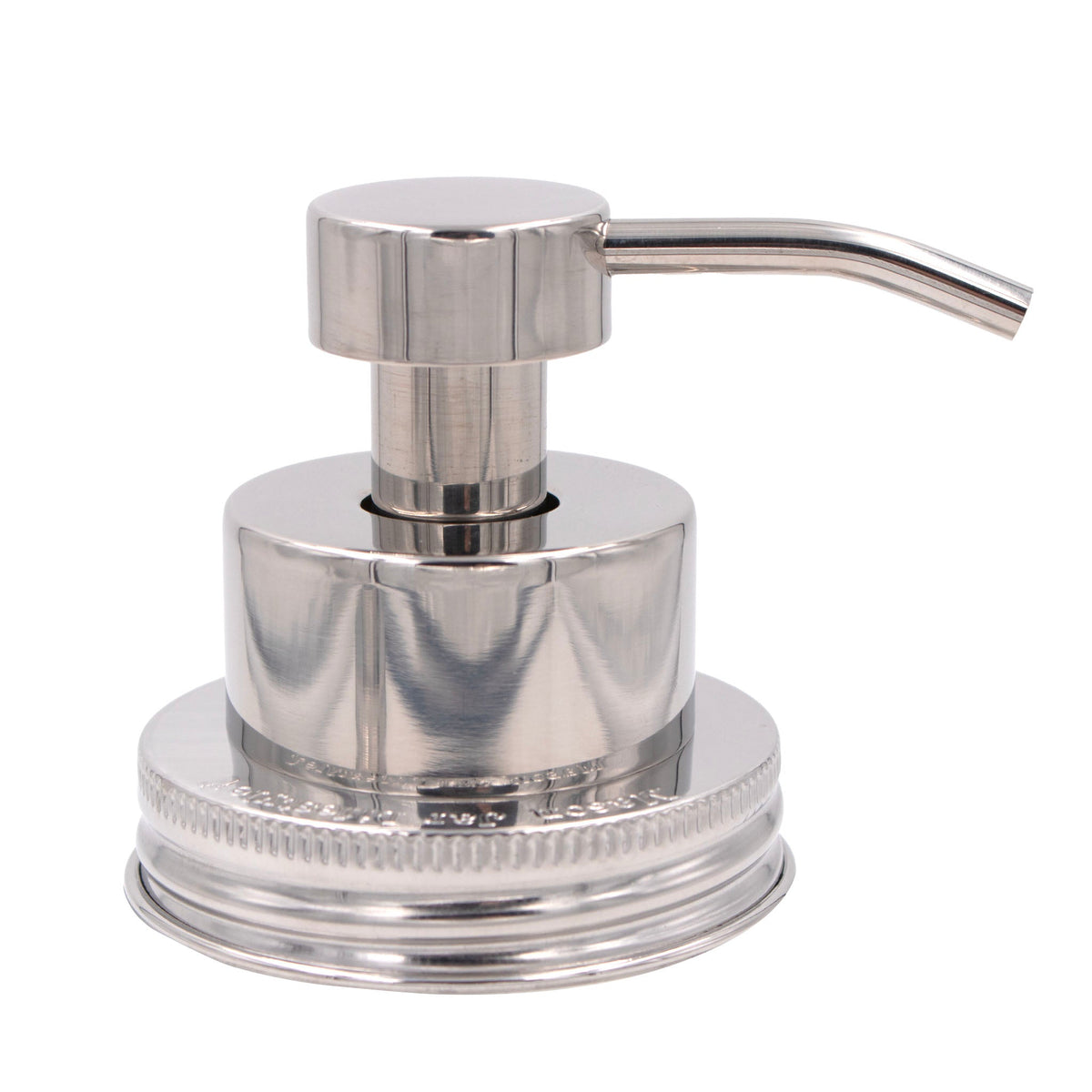 Mirror chrome stainless steel foaming soap pump dispenser for mason jars with threaded lid, designed for Mason Jar Lifestyle.