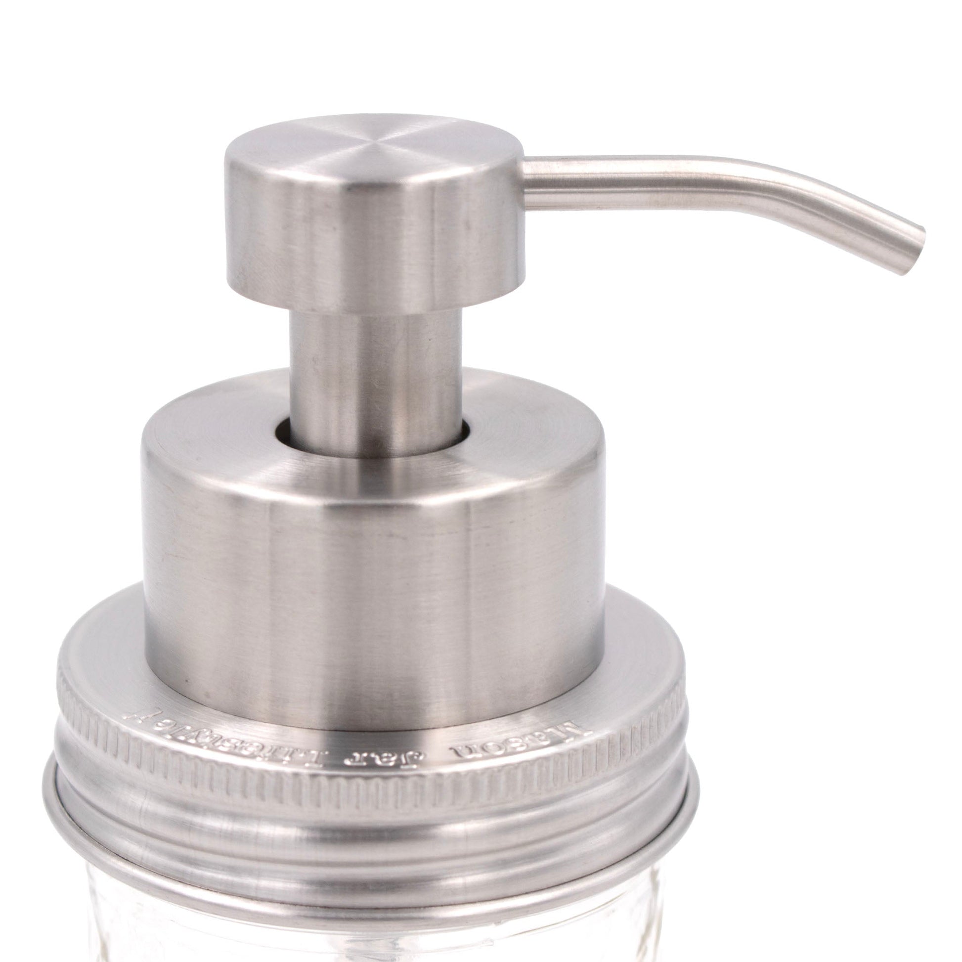 Mason Jar Lifestyle foaming soap pump dispenser on white background, fits regular-mouth mason jars, satin brushed stainless steel finish.