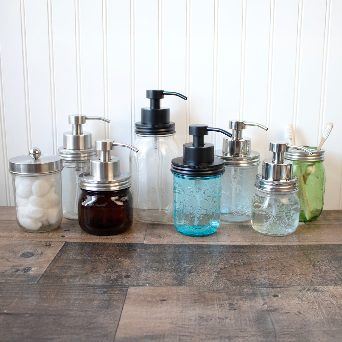 Stainless steel foaming soap pump dispenser for wide-mouth mason jars, satin brushed finish, fits 8oz to 16oz jars, black or chrome.