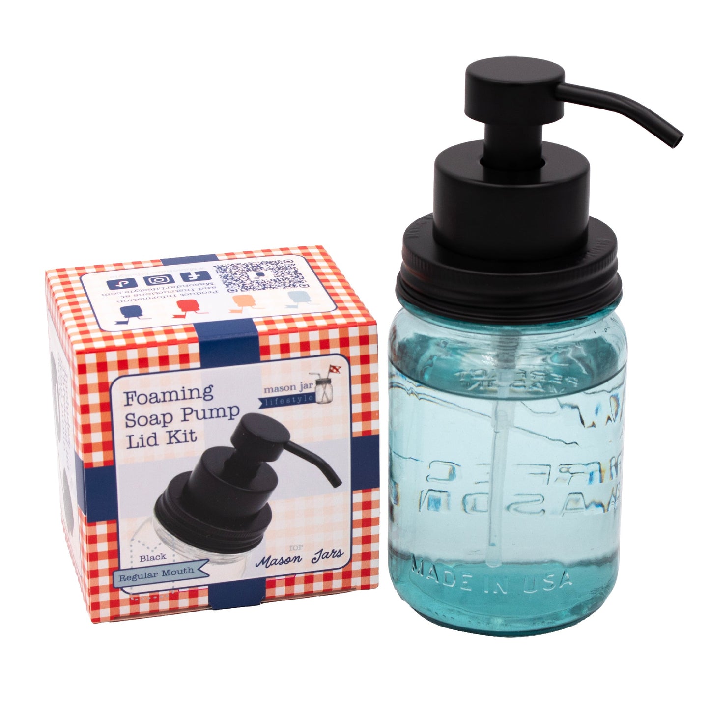 Matte black stainless steel foaming soap pump dispenser for mason jars, suitable for kitchen or bathroom use, packaged in a box.