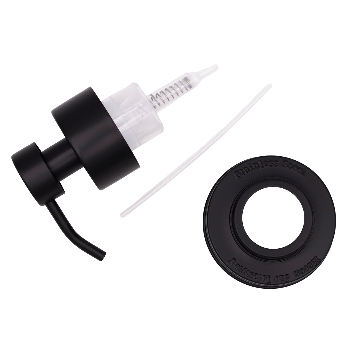 Matte black stainless steel foaming soap pump dispenser for mason jars, designed for regular-mouth jars in kitchen or bathroom use.