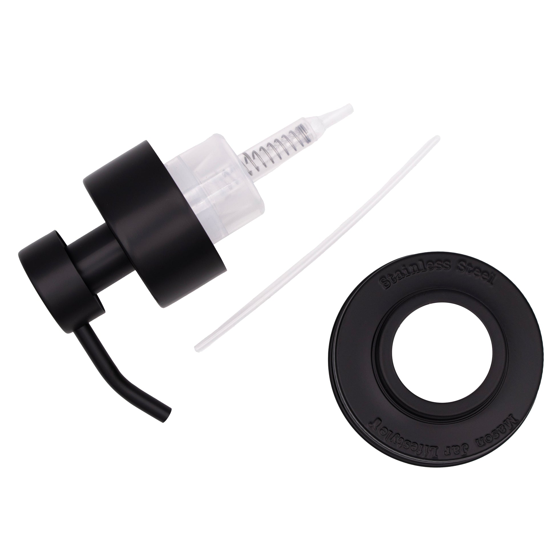 Matte black stainless steel foaming soap pump dispenser for mason jars, designed for regular-mouth jars in kitchen or bathroom use.