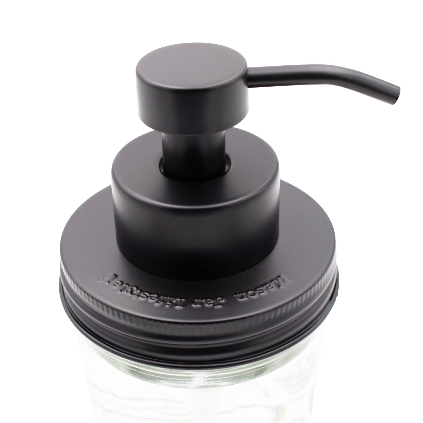 Matte black stainless steel foaming soap pump dispenser attached to a wide-mouth mason jar in a kitchen or bathroom setting.