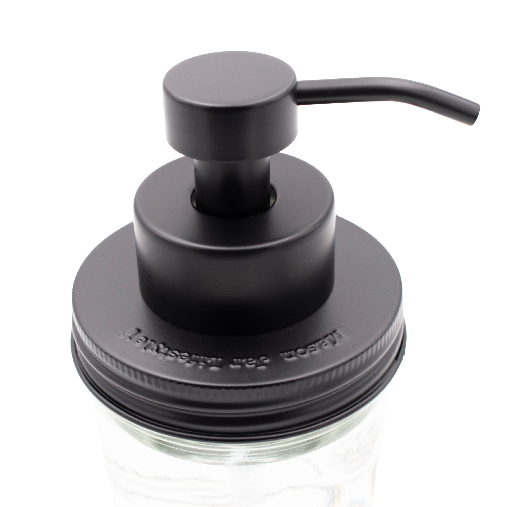 Matte black stainless steel foaming soap pump dispenser attached to a wide-mouth mason jar in a kitchen or bathroom setting.