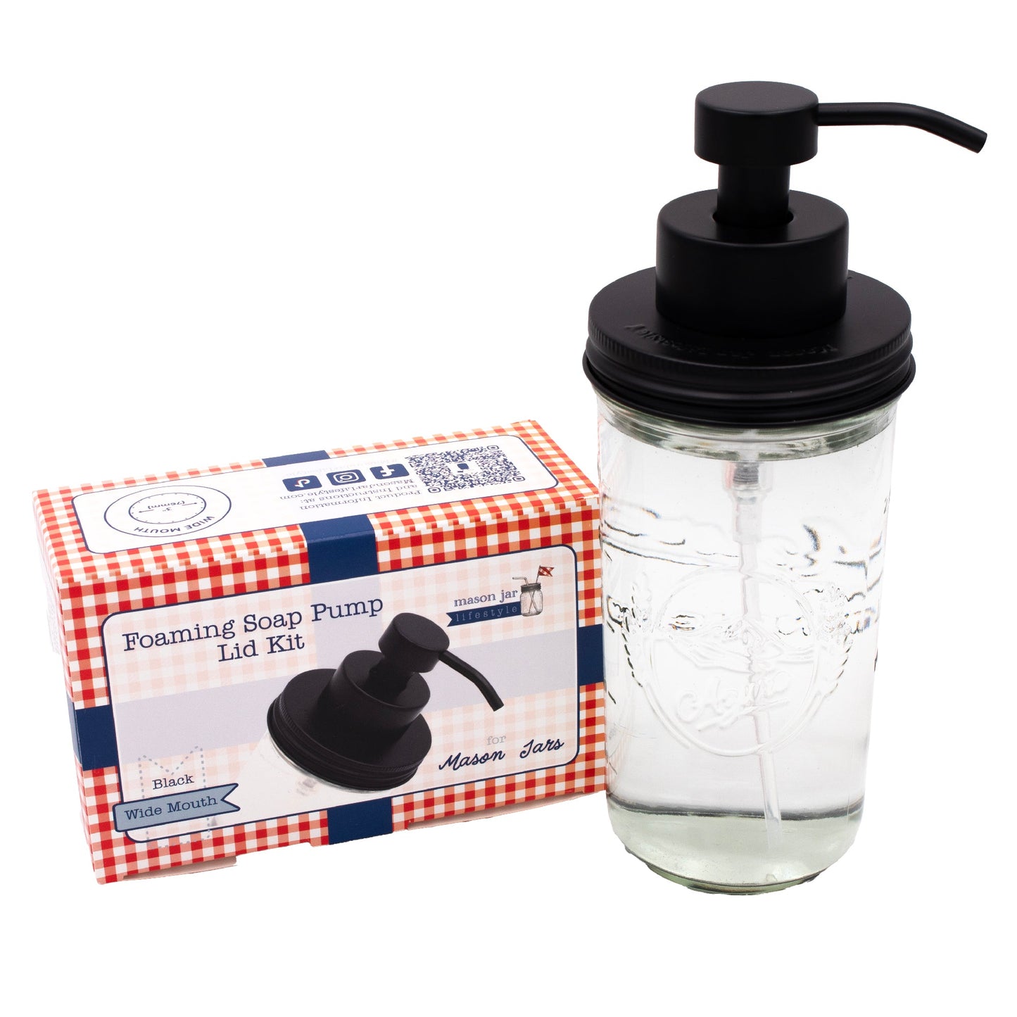 Matte black stainless steel foaming soap pump dispenser for mason jars, suitable for kitchen or bathroom use, shown with packaging.