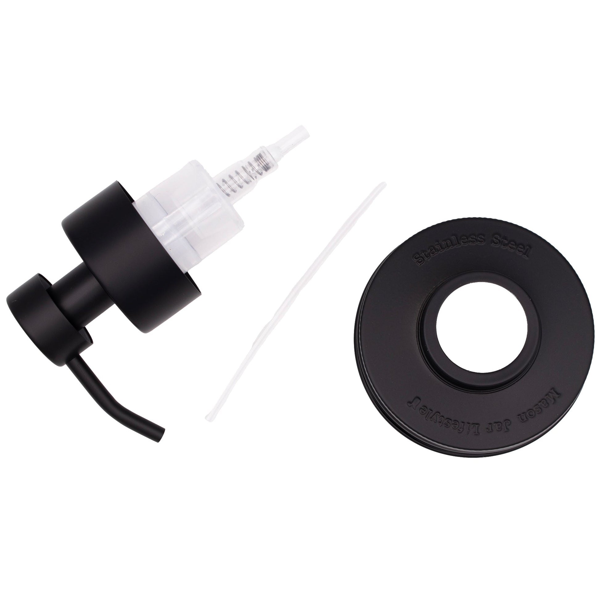 Matte black stainless steel foaming soap pump dispenser for mason jars, suitable for kitchen or bathroom use.