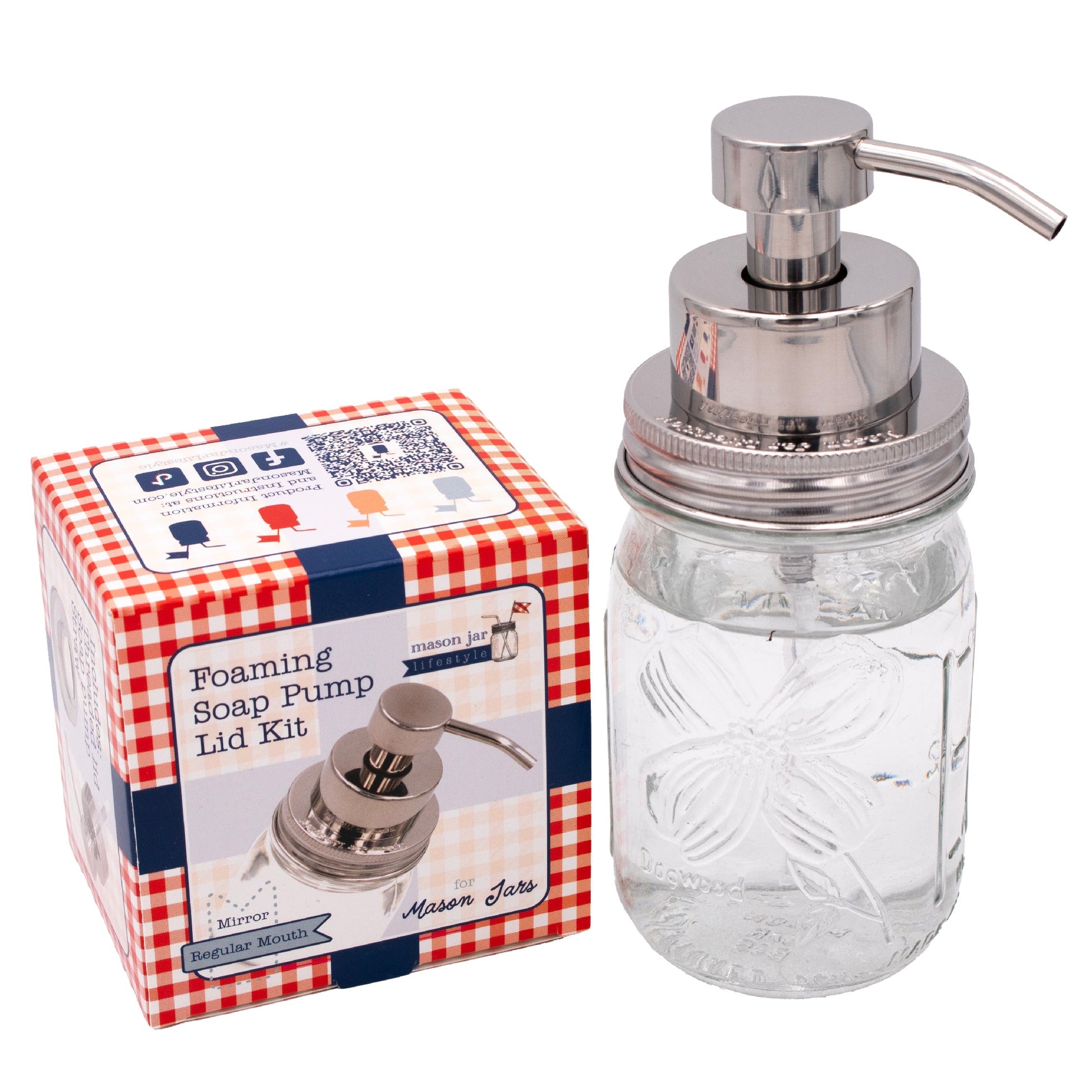 Stainless steel foaming soap pump dispenser for mason jars, perfect for kitchen or bathroom use, by Mason Jar Lifestyle.