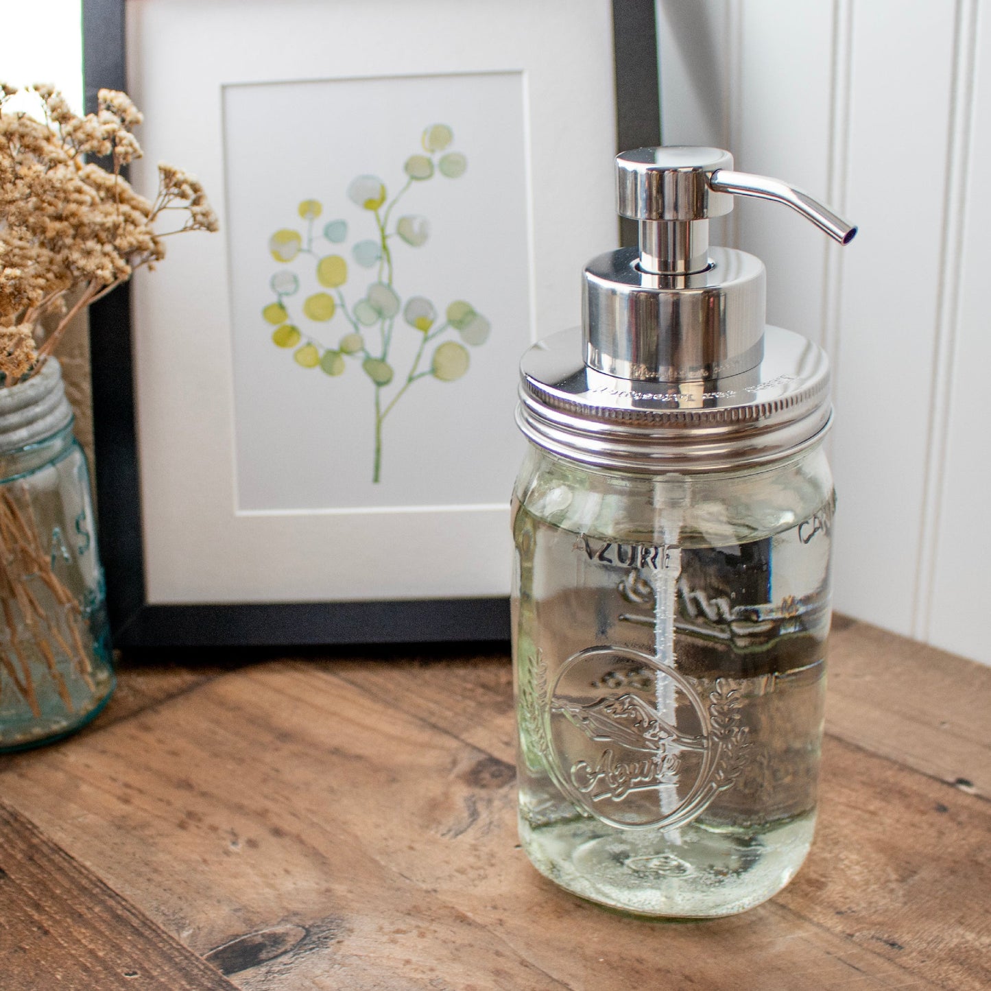 Stainless steel foaming soap pump dispenser for mason jars, suitable for kitchen or bathroom use, with mirror finish and regular mouth jar.