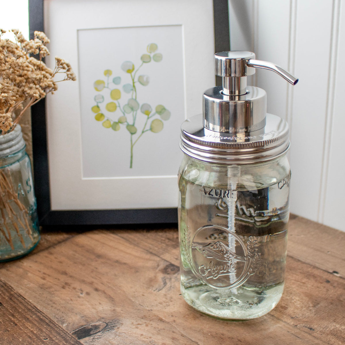 Stainless steel foaming soap pump dispenser for mason jars, suitable for kitchen or bathroom use, with mirror finish and regular mouth jar.
