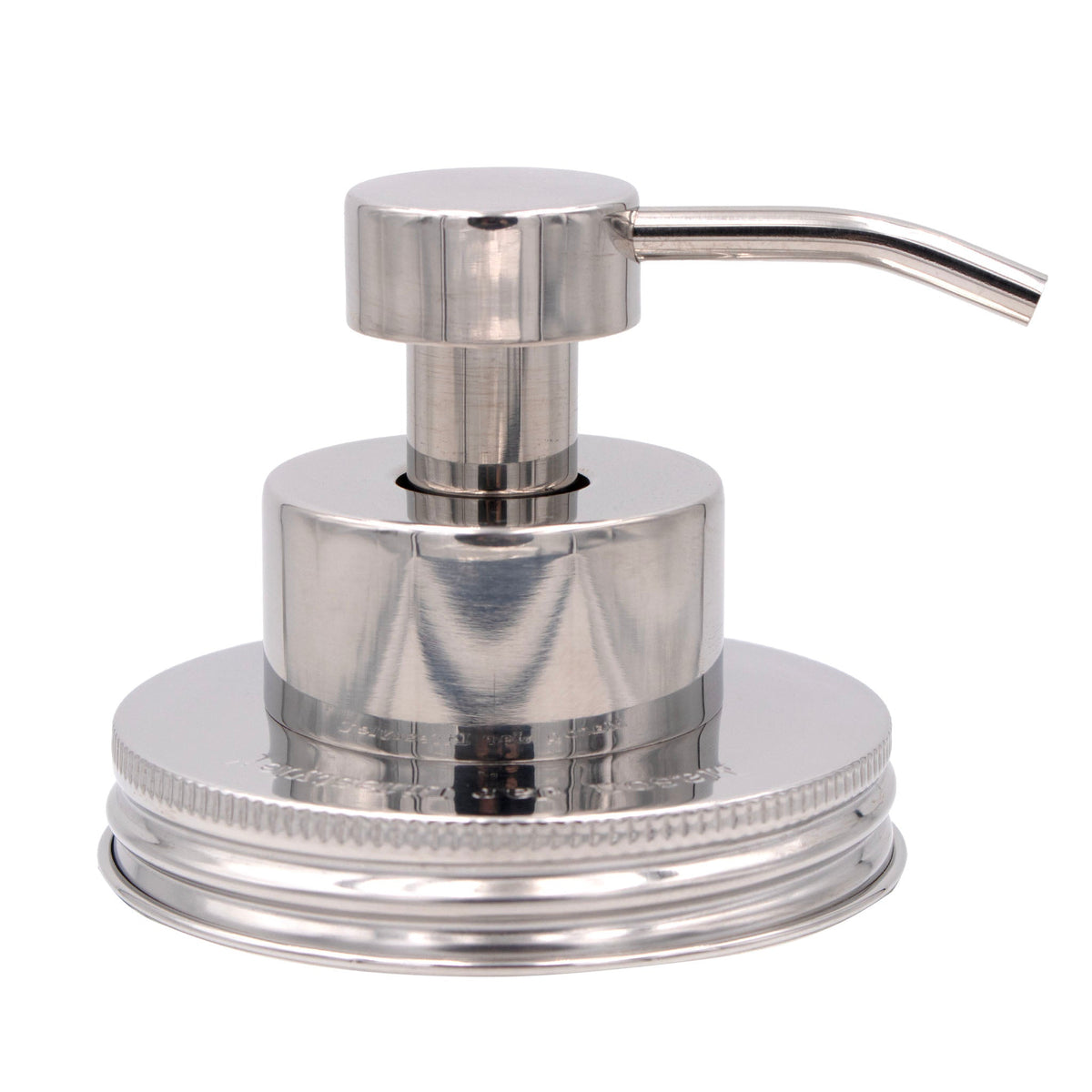 Chrome stainless steel foaming soap pump dispenser for wide-mouth mason jars, with threaded lid, on white background.