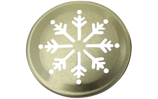 Set of 10 gold lid inserts with snowflake pattern for RM Mason jars, by Mason Jar Lifestyle, featuring festive winter design.
