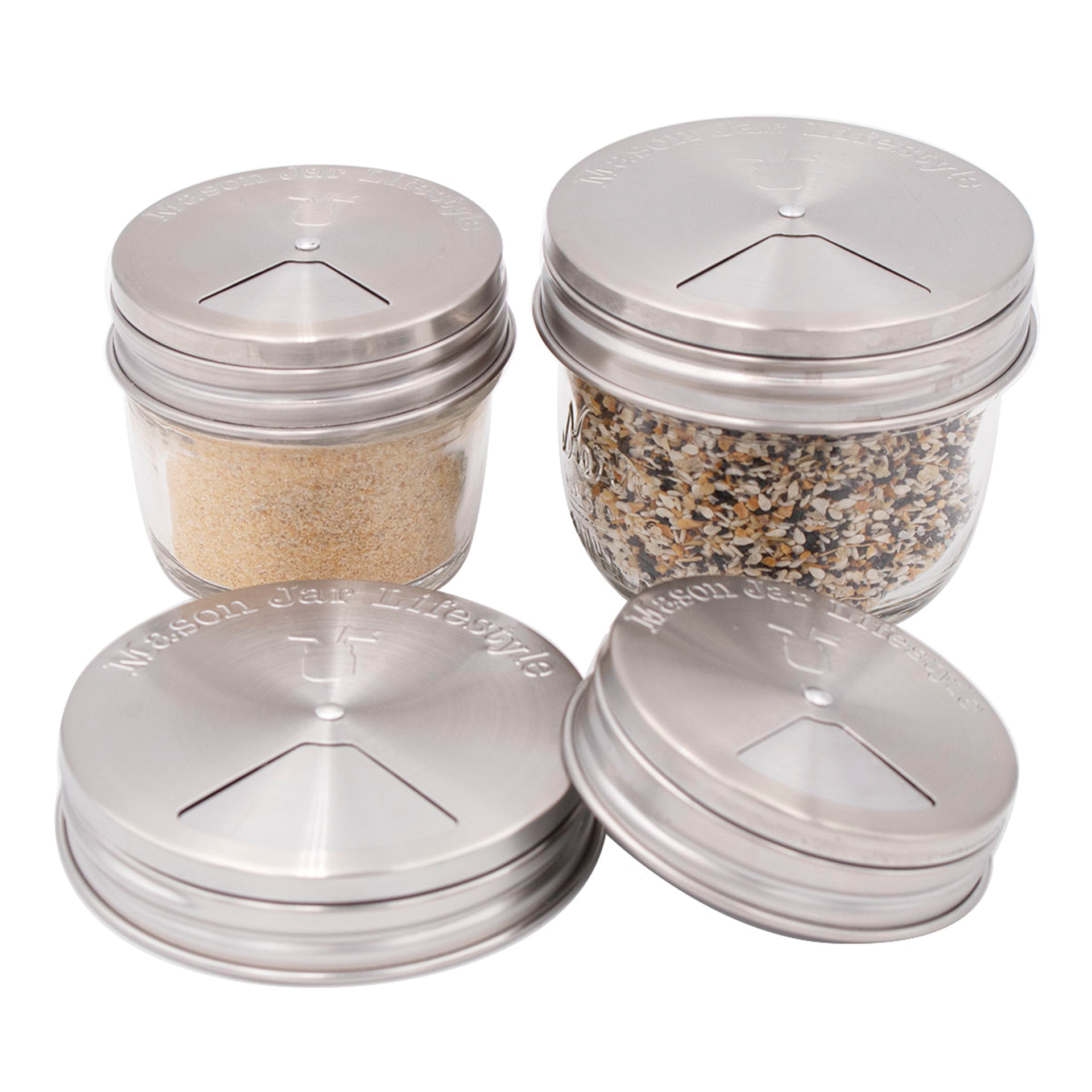 Set of four stainless steel spice shaker lids for Mason jars, compatible with regular-mouth jars from Mason Jar Lifestyle.
