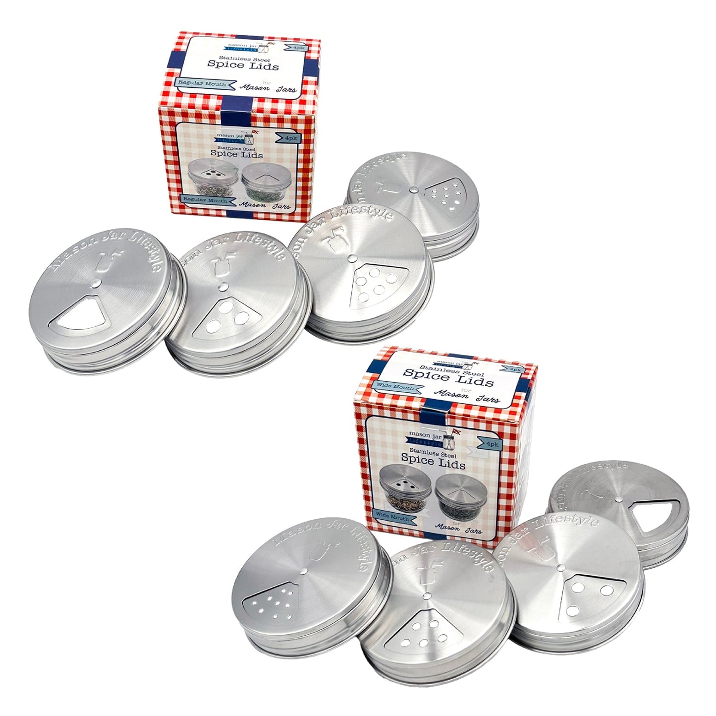 Set of four stainless steel spice shaker lids for Mason jars, compatible with regular-mouth mason jars, from Mason Jar Lifestyle.