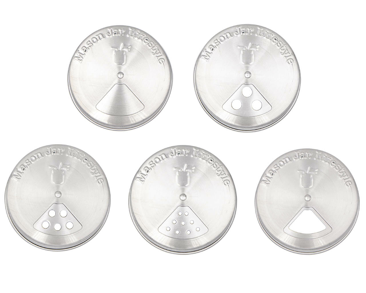 Set of four stainless steel spice shaker lids for mason jars, compatible with regular-mouth jars, by Mason Jar Lifestyle.
