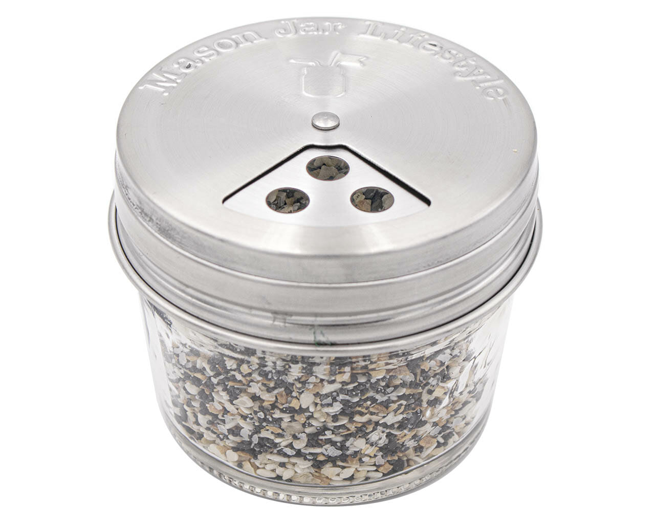 Four stainless steel spice shaker lids for mason jars, compatible with regular-mouth Mason Jars, by Mason Jar Lifestyle.