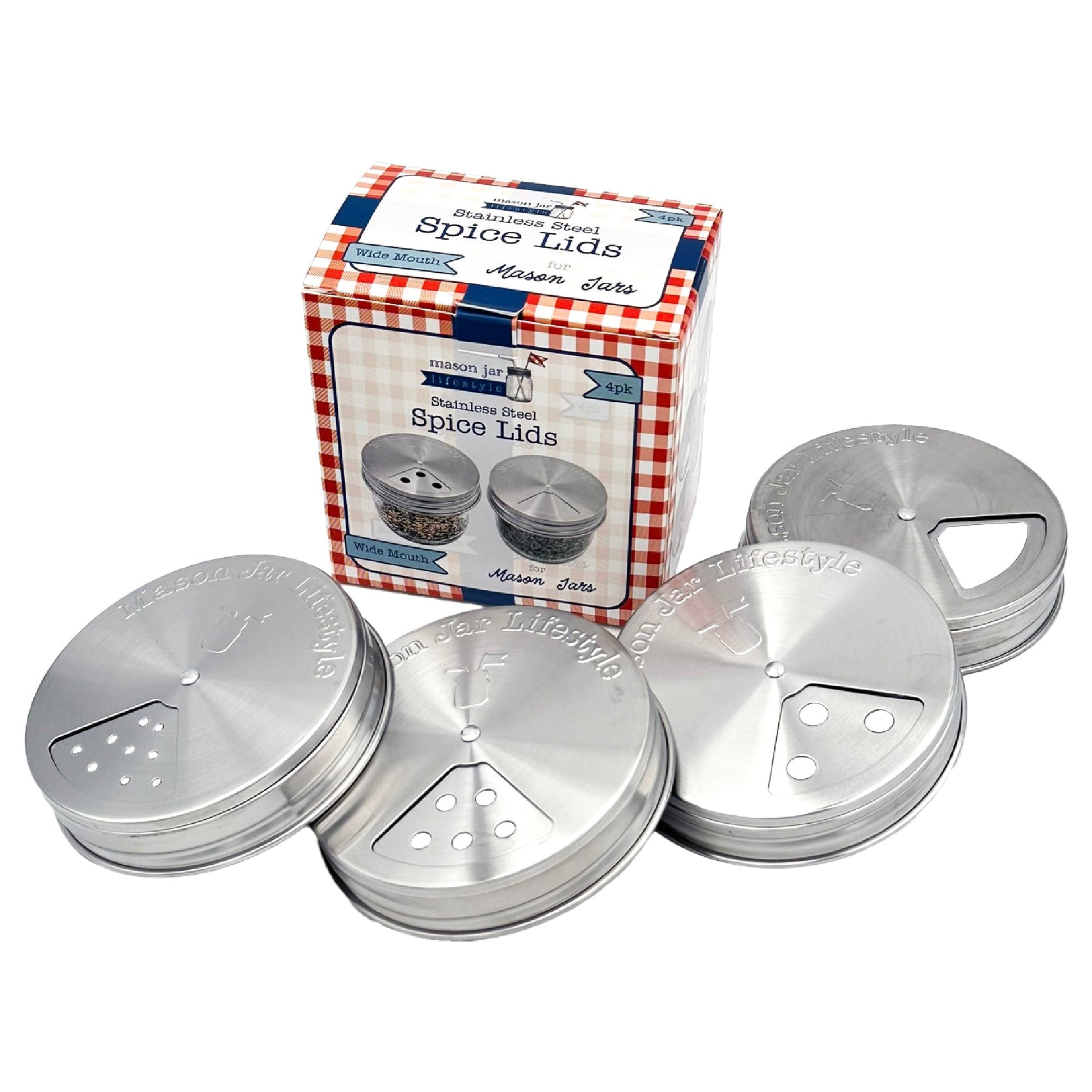 Set of four stainless steel spice shaker lids designed for Mason jars, perfect for organizing spices in home kitchen storage.