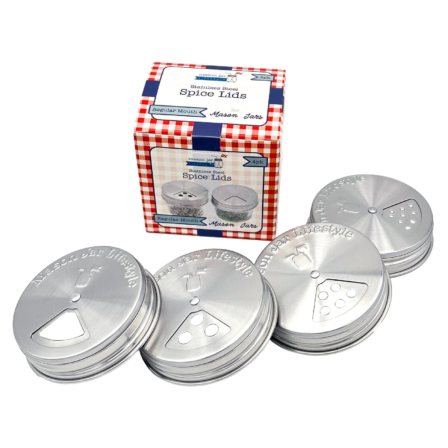 Set of four stainless steel spice shaker lids for regular-mouth mason jars, ideal for storing and sprinkling spices.