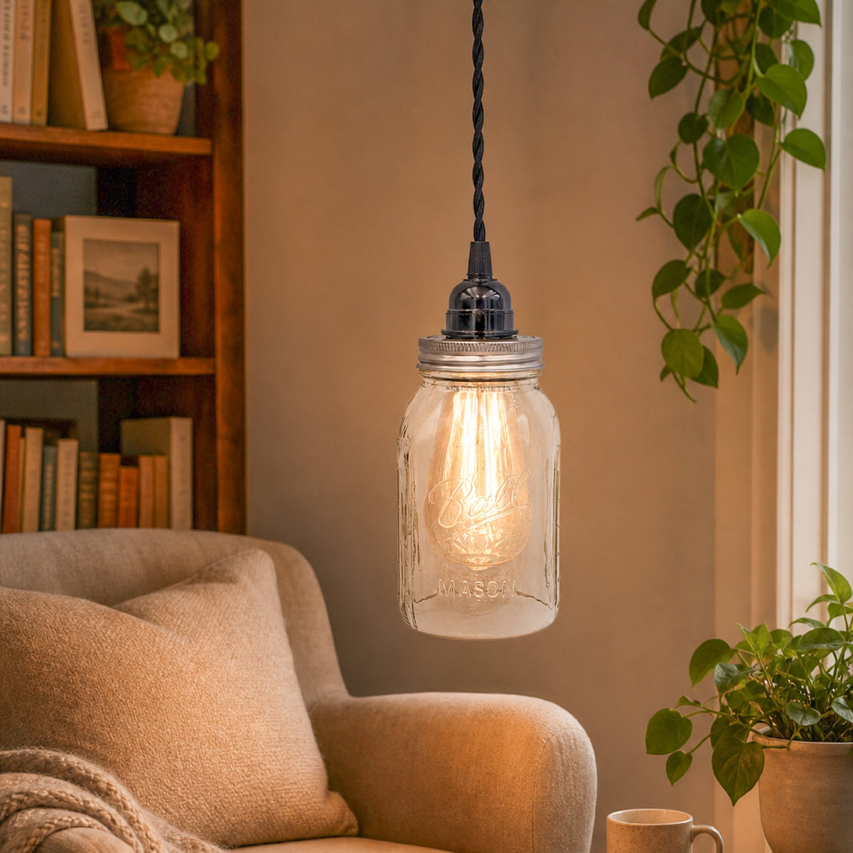 Stainless steel lighting lid for mason jar light fixtures with bulb, designed for wide-mouth mason jars for home decor and pendant lighting.